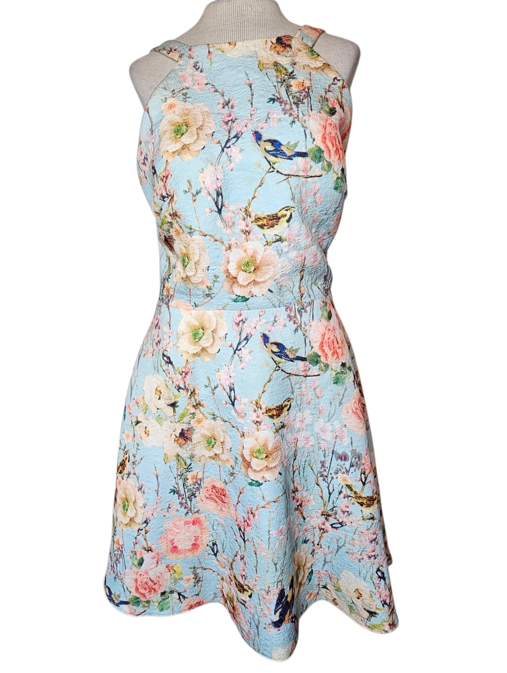 IEENA for MacDuggal Halter Dress Size 12 Floral & Bird in Light Blue Chinoiserie